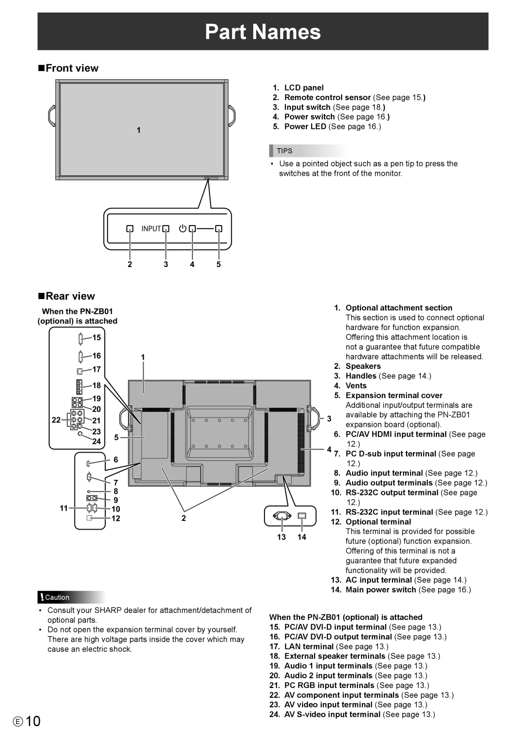 Sharp PN-E602 operation manual Part Names, NFront view, NRear view 