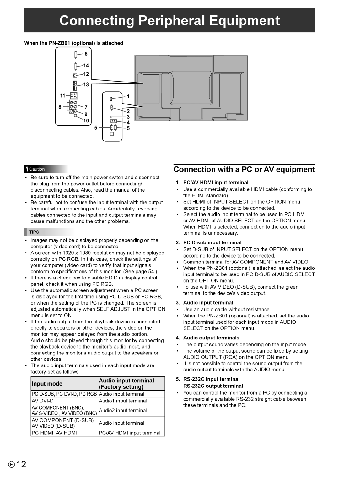 Sharp PN-E602 operation manual Connecting Peripheral Equipment, Connection with a PC or AV equipment 