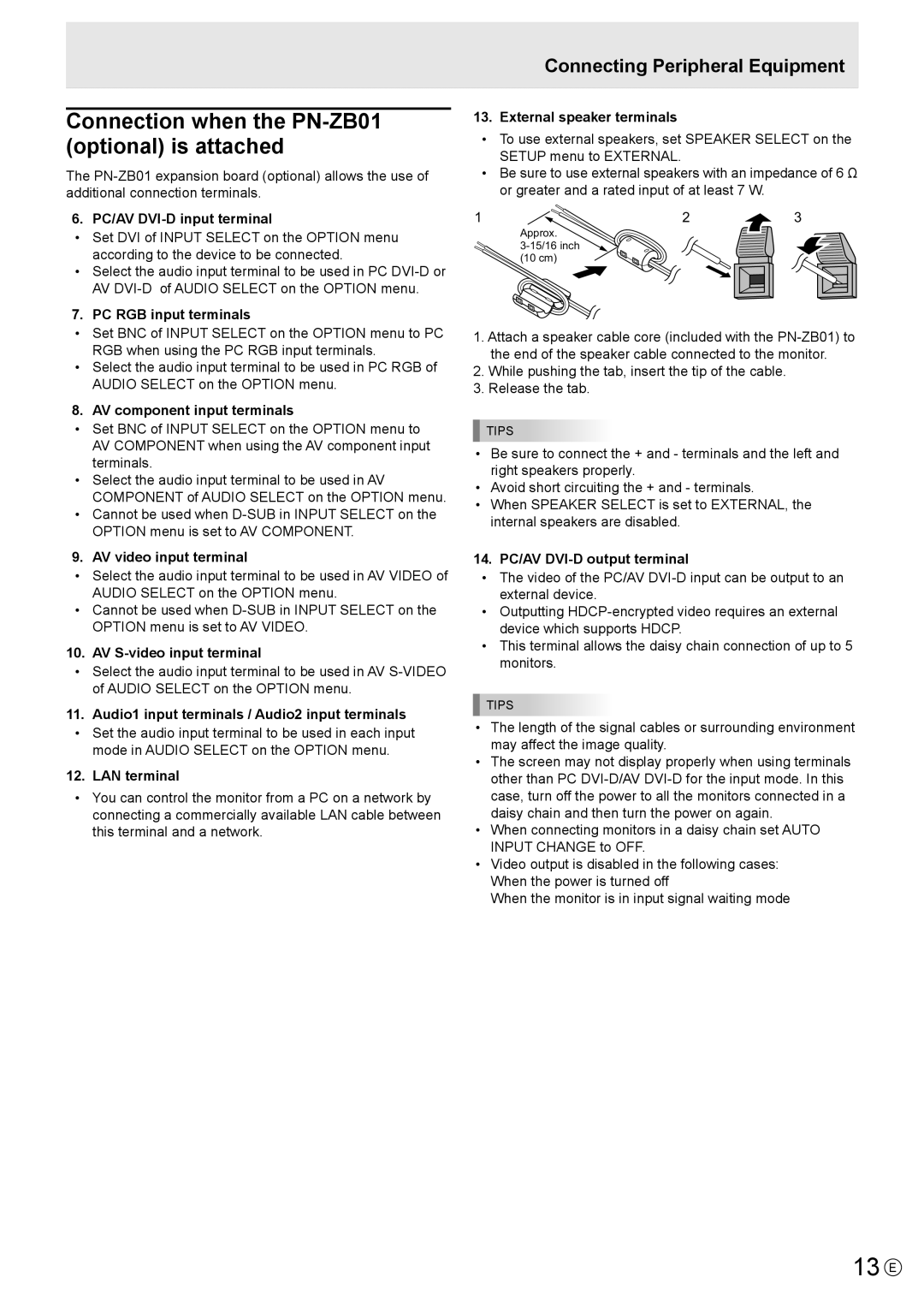 Sharp PN-E602 operation manual 13 E, Connecting Peripheral Equipment 