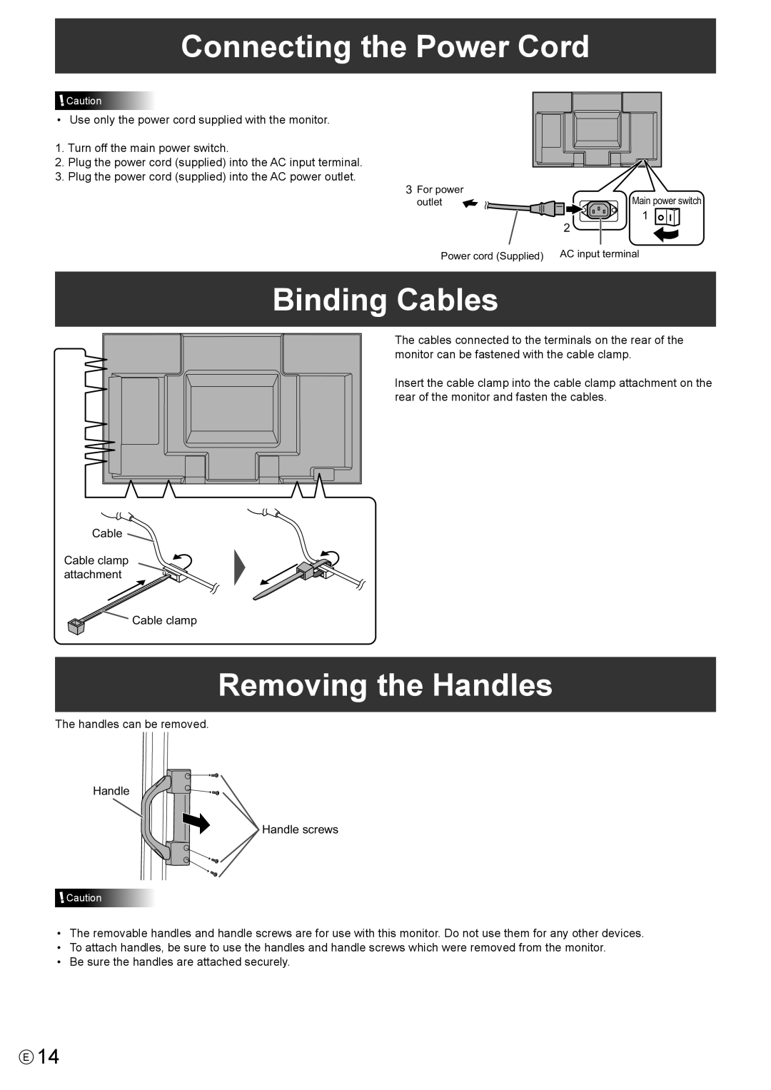 Sharp PN-E602 operation manual Connecting the Power Cord, Binding Cables, Removing the Handles 