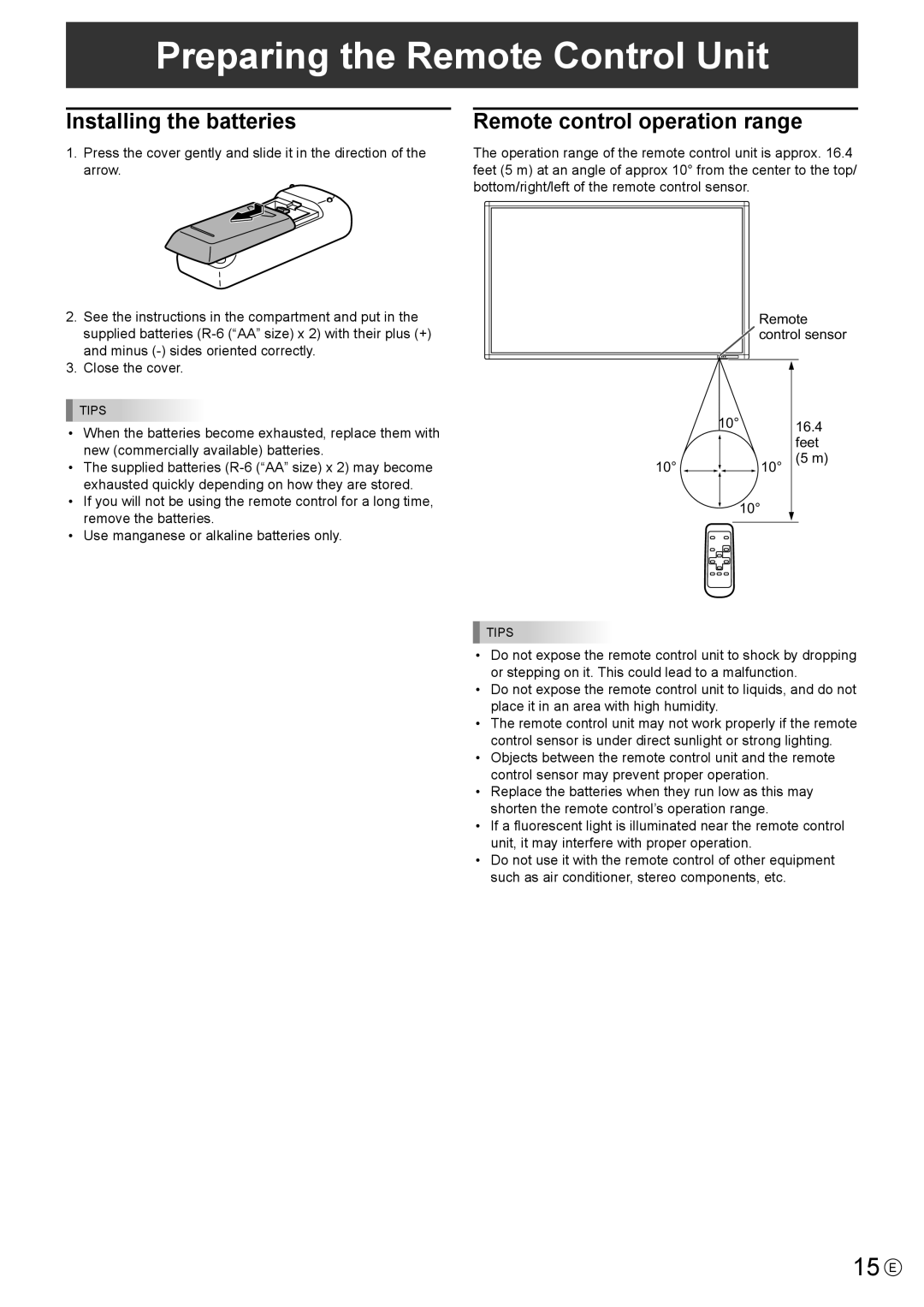 Sharp PN-E602 Preparing the Remote Control Unit, 15 E, Installing the batteries, Remote control operation range 