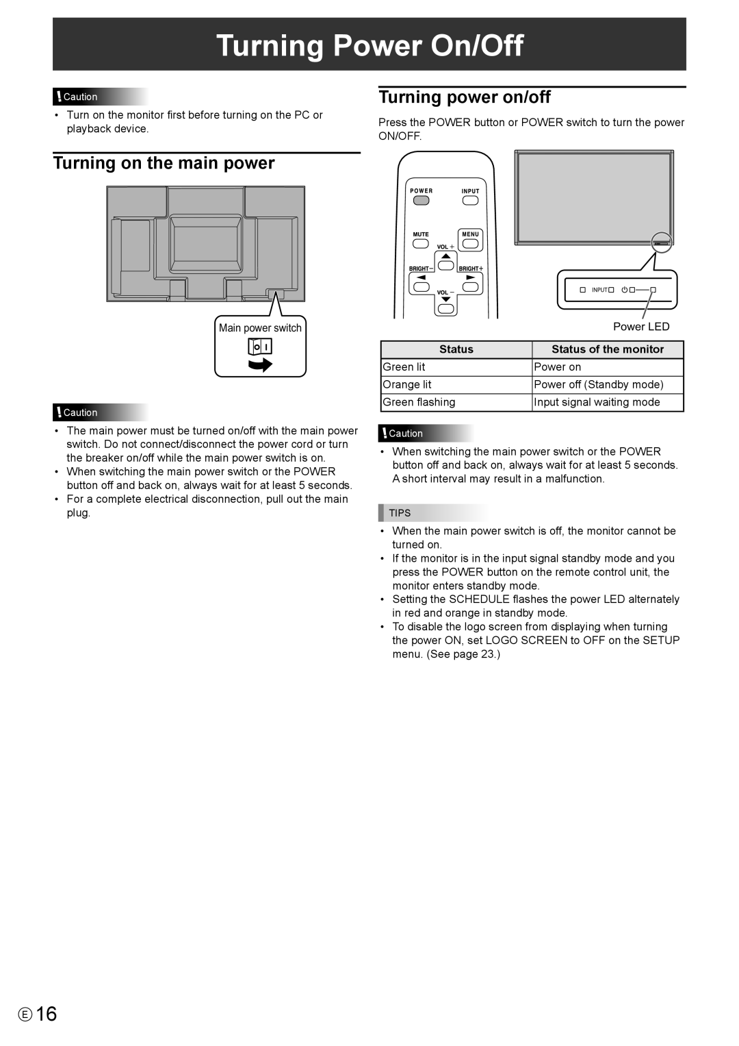 Sharp PN-E602 operation manual Turning Power On/Off, Turning on the main power, Turning power on/off, Main power switch 