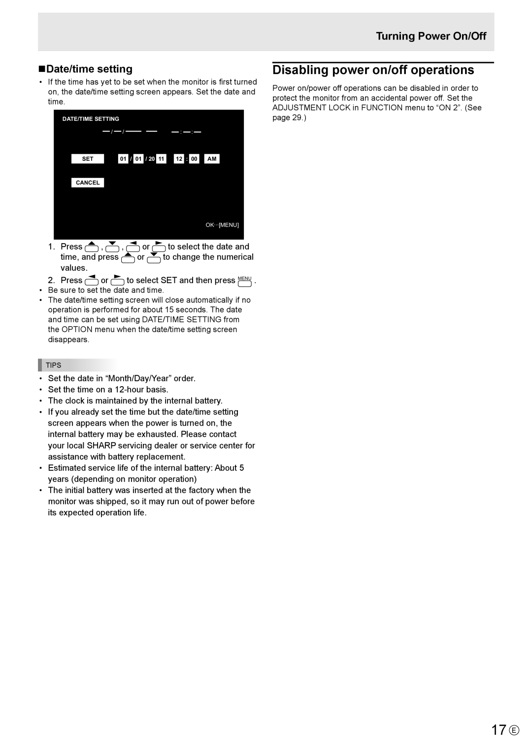 Sharp PN-E602 operation manual 17 E, Disabling power on/off operations, NDate/time setting, Turning Power On/Off 