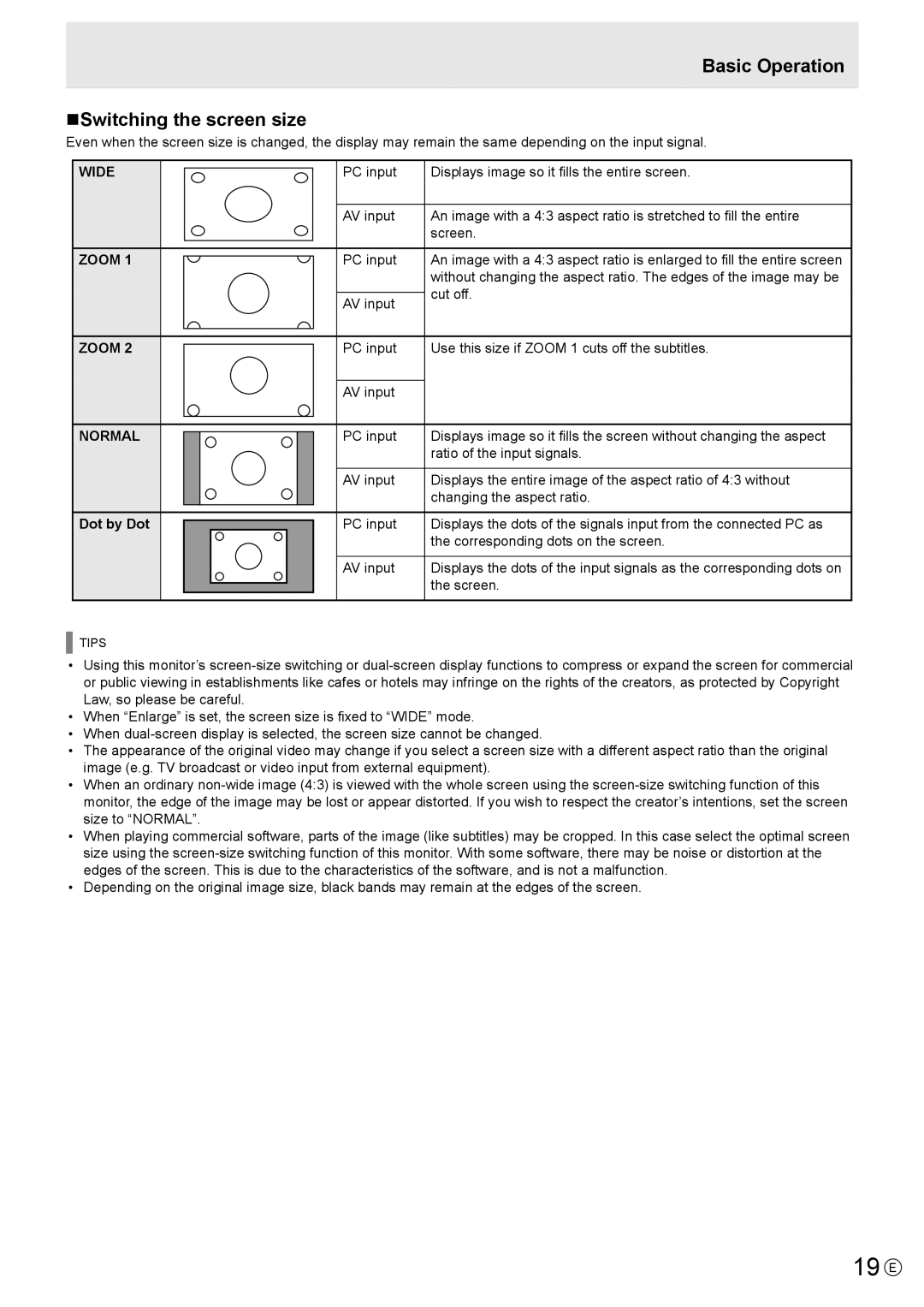 Sharp PN-E602 operation manual 19 E, Basic Operation NSwitching the screen size, Wide Zoom Normal, Dot by Dot, Cut off 