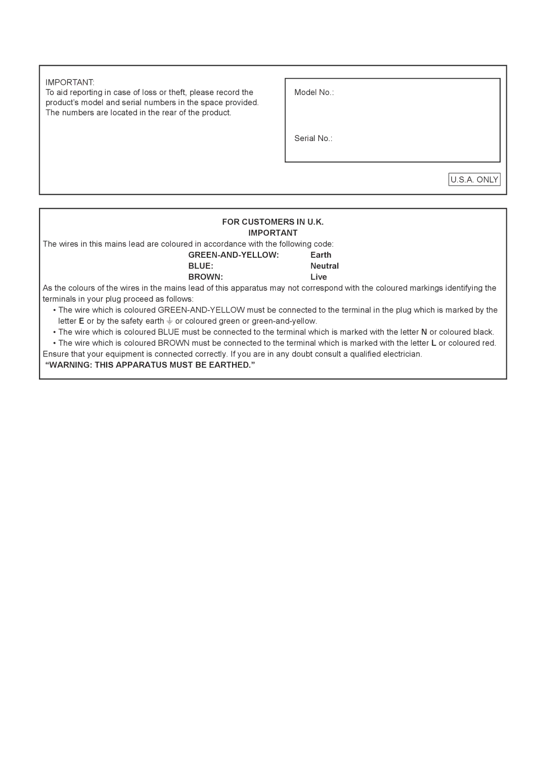 Sharp PN-E602 operation manual For Customers in U.K, Green-And-Yellow, Blue, Brown 