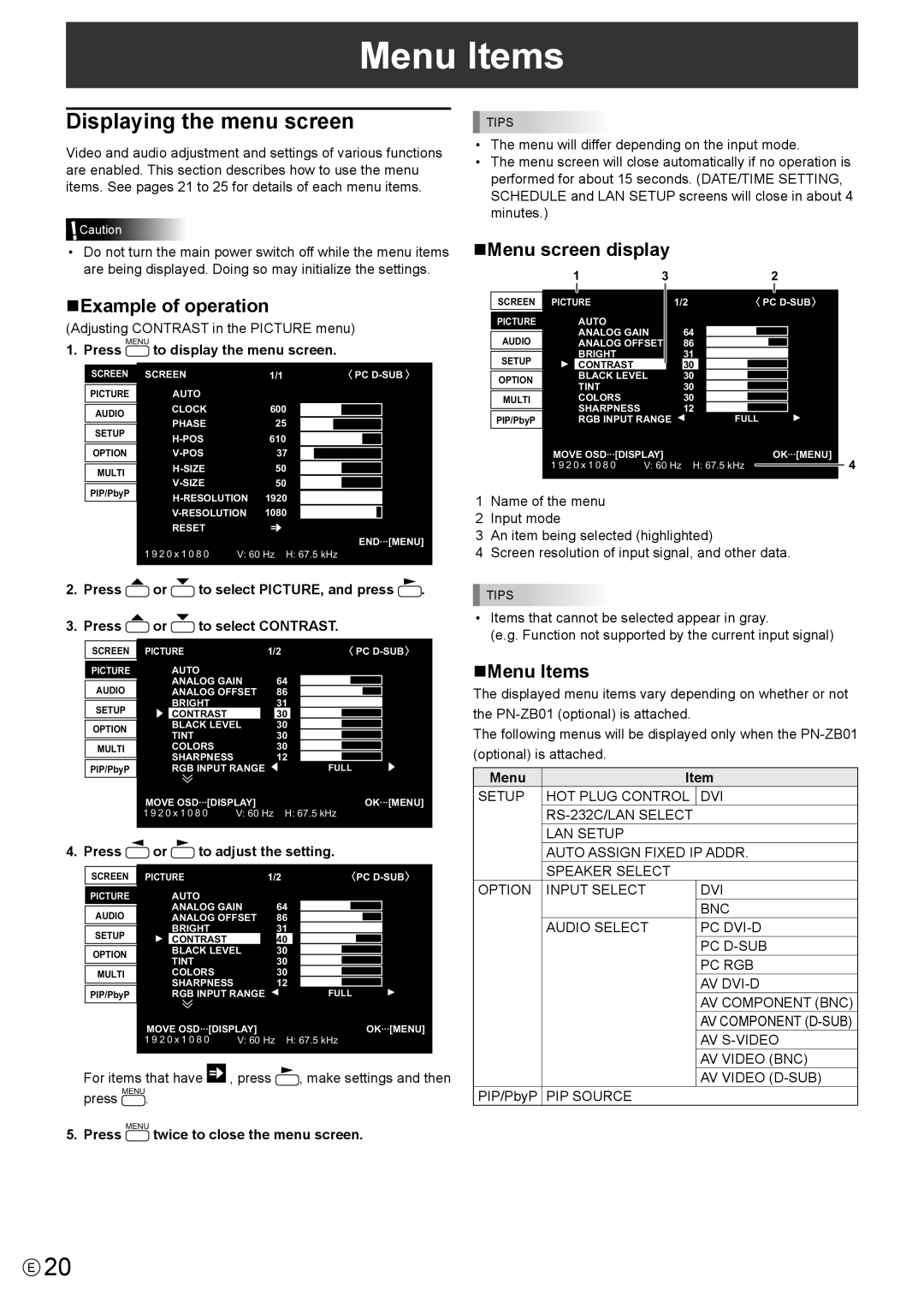 Sharp PN-E602 operation manual Displaying the menu screen, NExample of operation, NMenu screen display, NMenu Items 