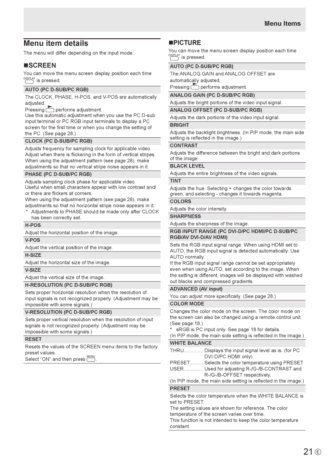 Sharp PN-E602 operation manual 21 E, Menu item details, Nscreen, Menu Items NPICTURE 