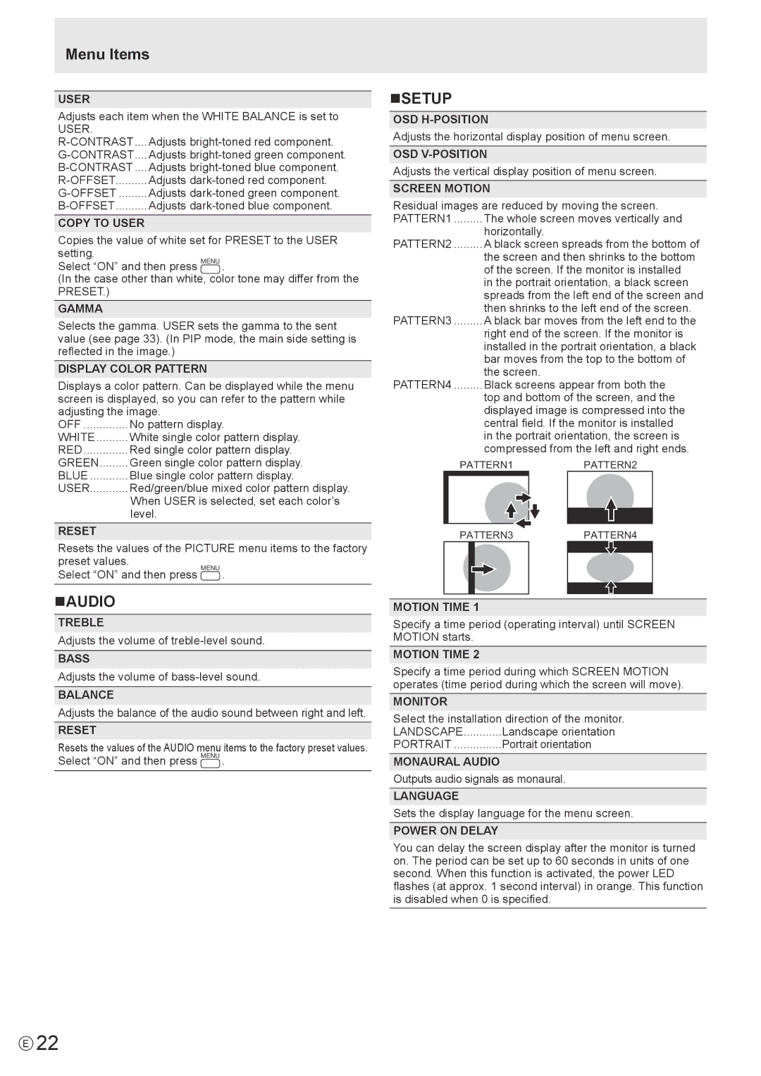 Sharp PN-E602 operation manual Menu Items, Naudio, Nsetup 