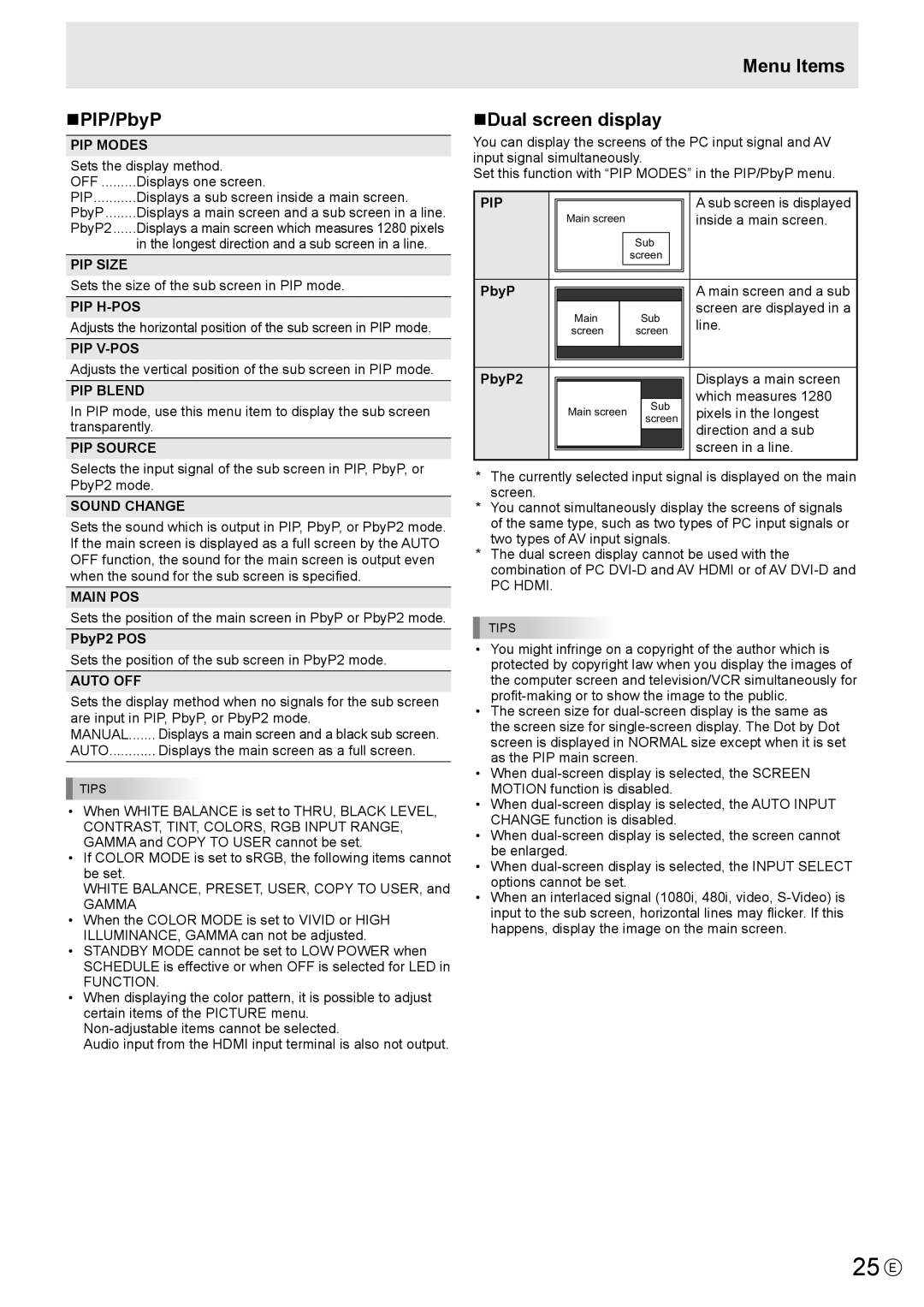 Sharp PN-E602 operation manual 25 E, NPIP/PbyP, Menu Items NDual screen display 