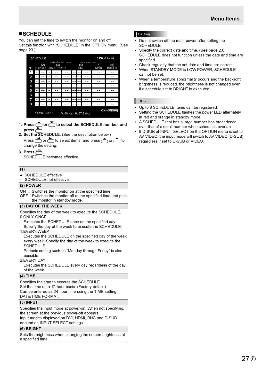 Sharp PN-E602 operation manual 27 E, Nschedule, Power, DAY of the Week, Input 