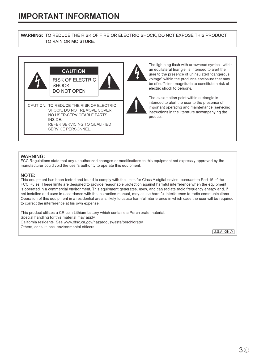 Sharp PN-E602 operation manual Important Information, Refer Servicing to Qualified Service Personnel 