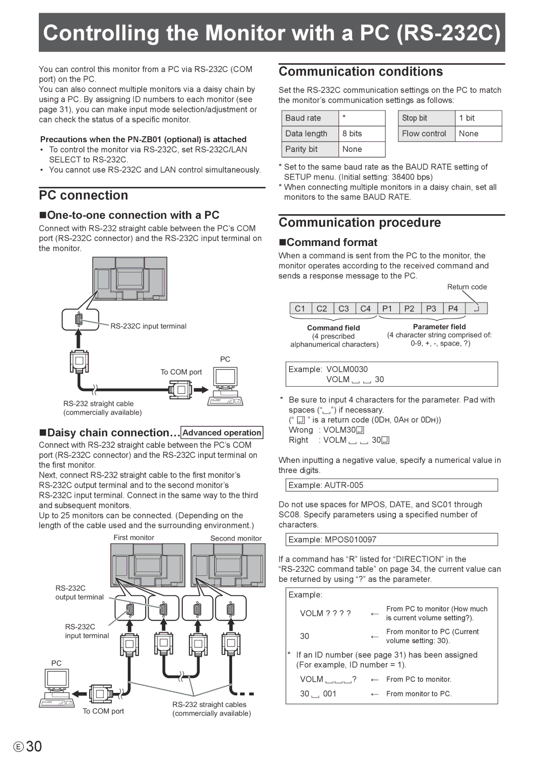 Sharp PN-E602 Controlling the Monitor with a PC RS-232C, PC connection, Communication conditions, Communication procedure 