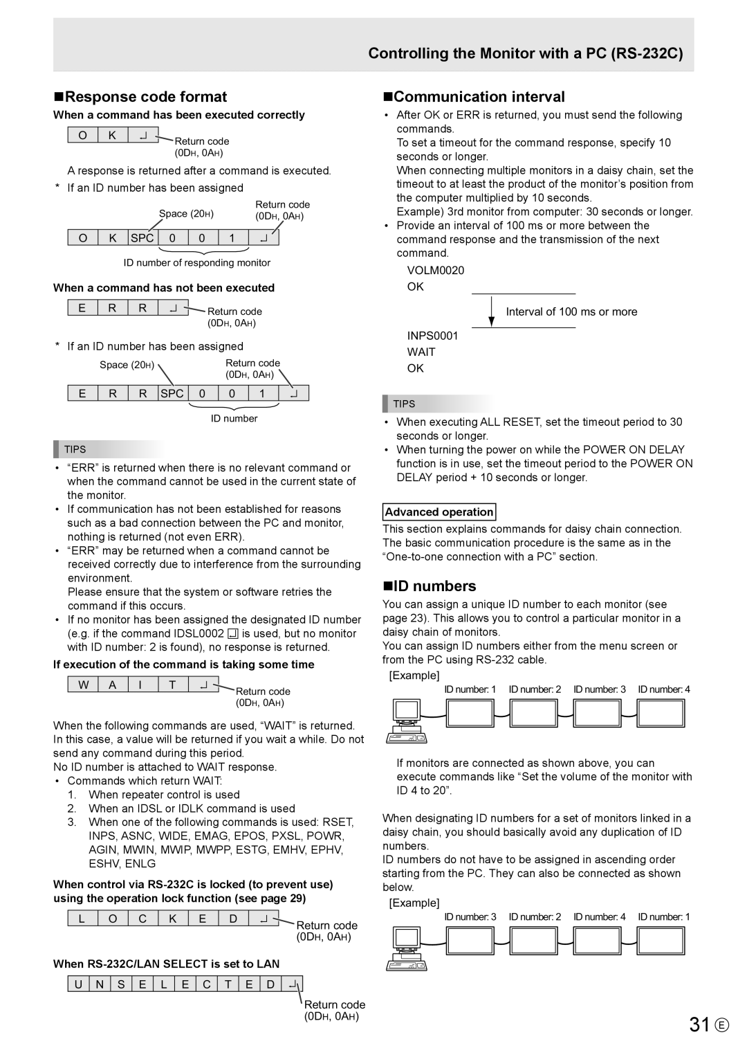 Sharp PN-E602 operation manual 31 E, NResponse code format, NID numbers 