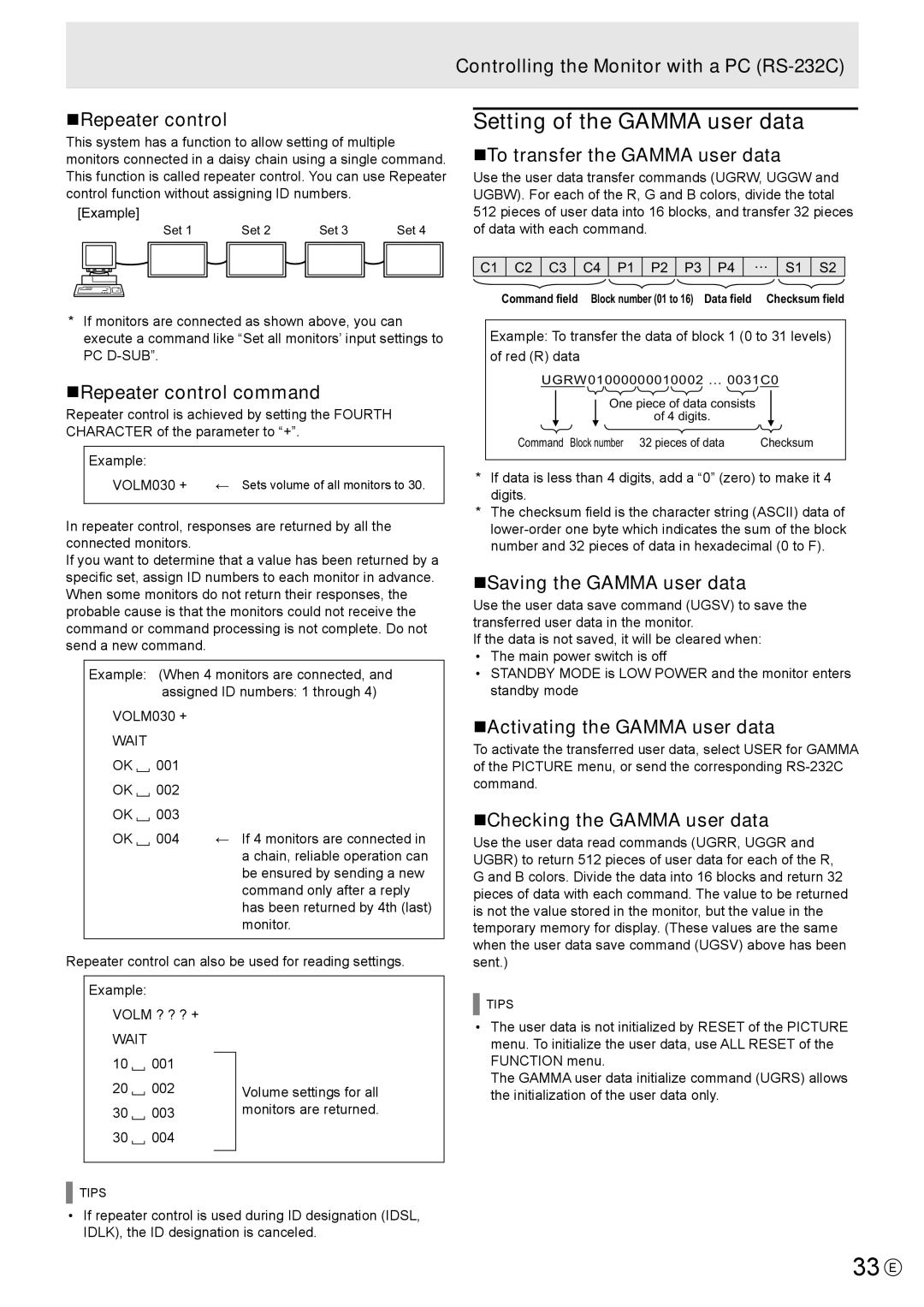 Sharp PN-E602 operation manual 33 E, Setting of the Gamma user data 