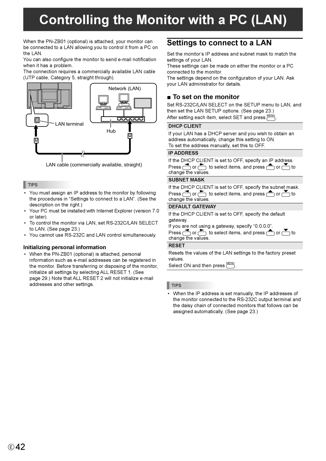 Sharp PN-E602 operation manual Controlling the Monitor with a PC LAN, Settings to connect to a LAN, To set on the monitor 