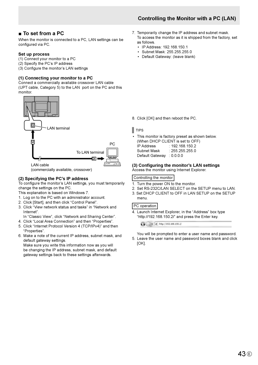 Sharp PN-E602 operation manual 43 E, To set from a PC, Controlling the Monitor with a PC LAN, Default Gateway 0.0 