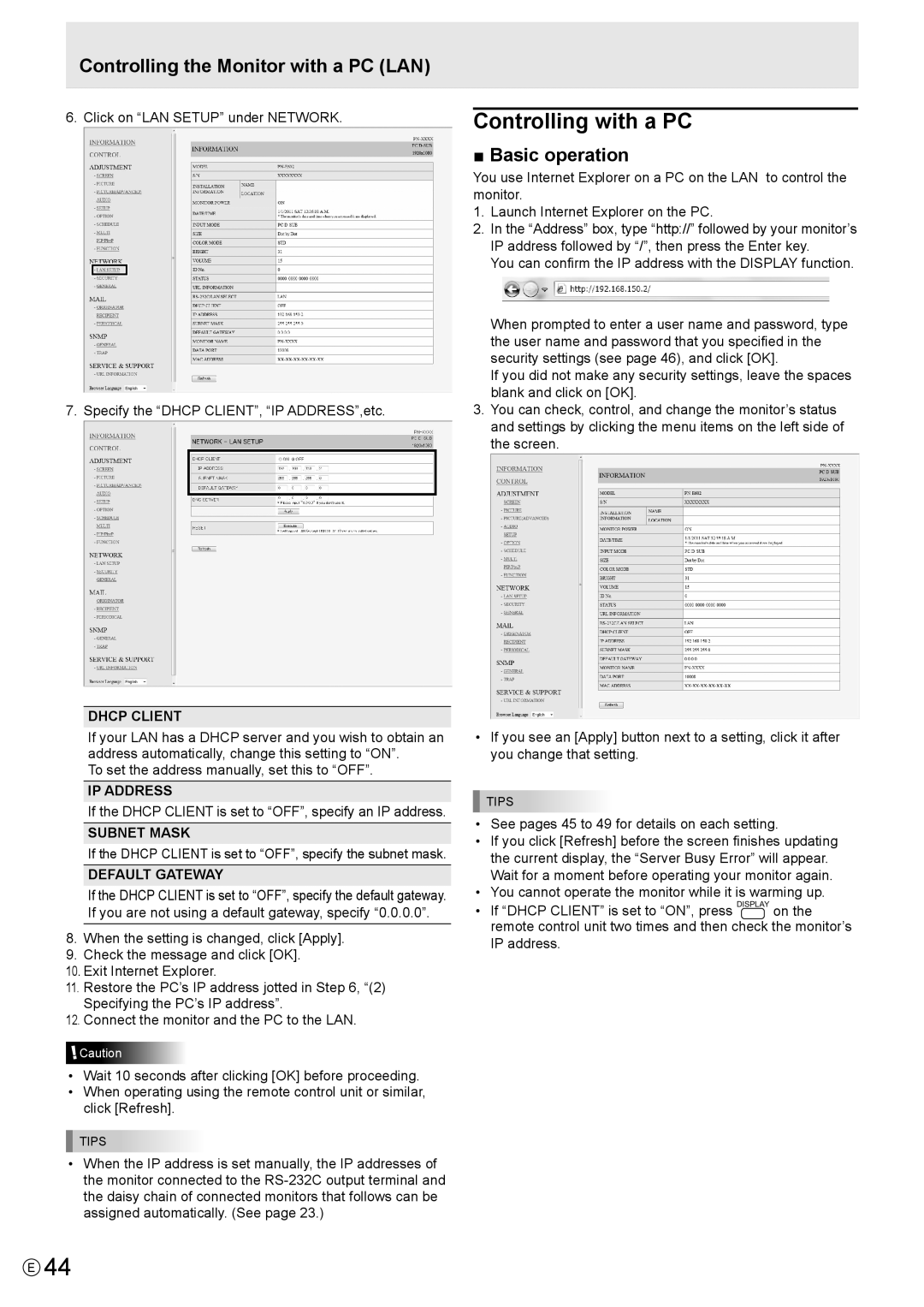 Sharp PN-E602 Controlling with a PC, Basic operation, If the Dhcp Client is set to OFF, specify an IP address 