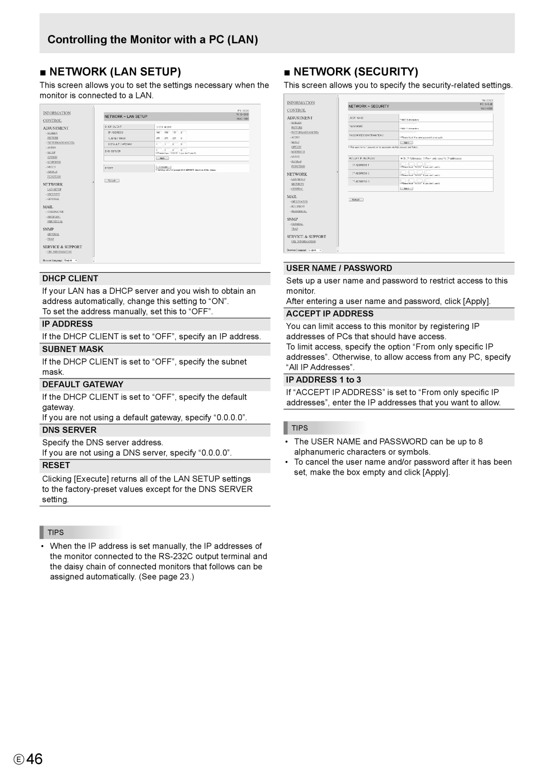 Sharp PN-E602 If the Dhcp Client is set to OFF, specify the subnet mask, DNS Server, User Name / Password, IP Address 1 to 