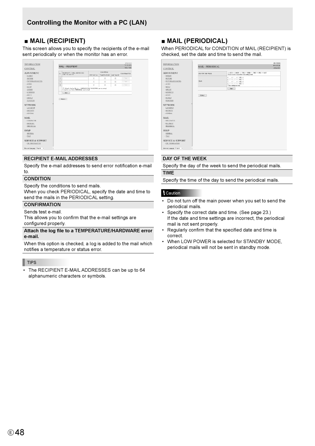 Sharp PN-E602 operation manual Recipient E-MAIL Addresses, Condition, Confirmation, Time 