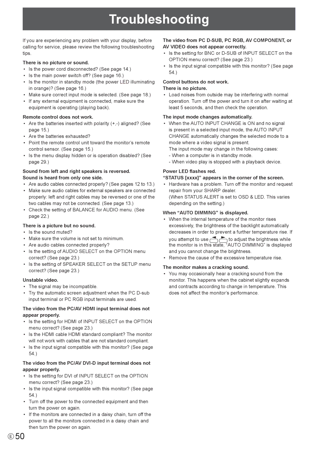 Sharp PN-E602 operation manual Troubleshooting 