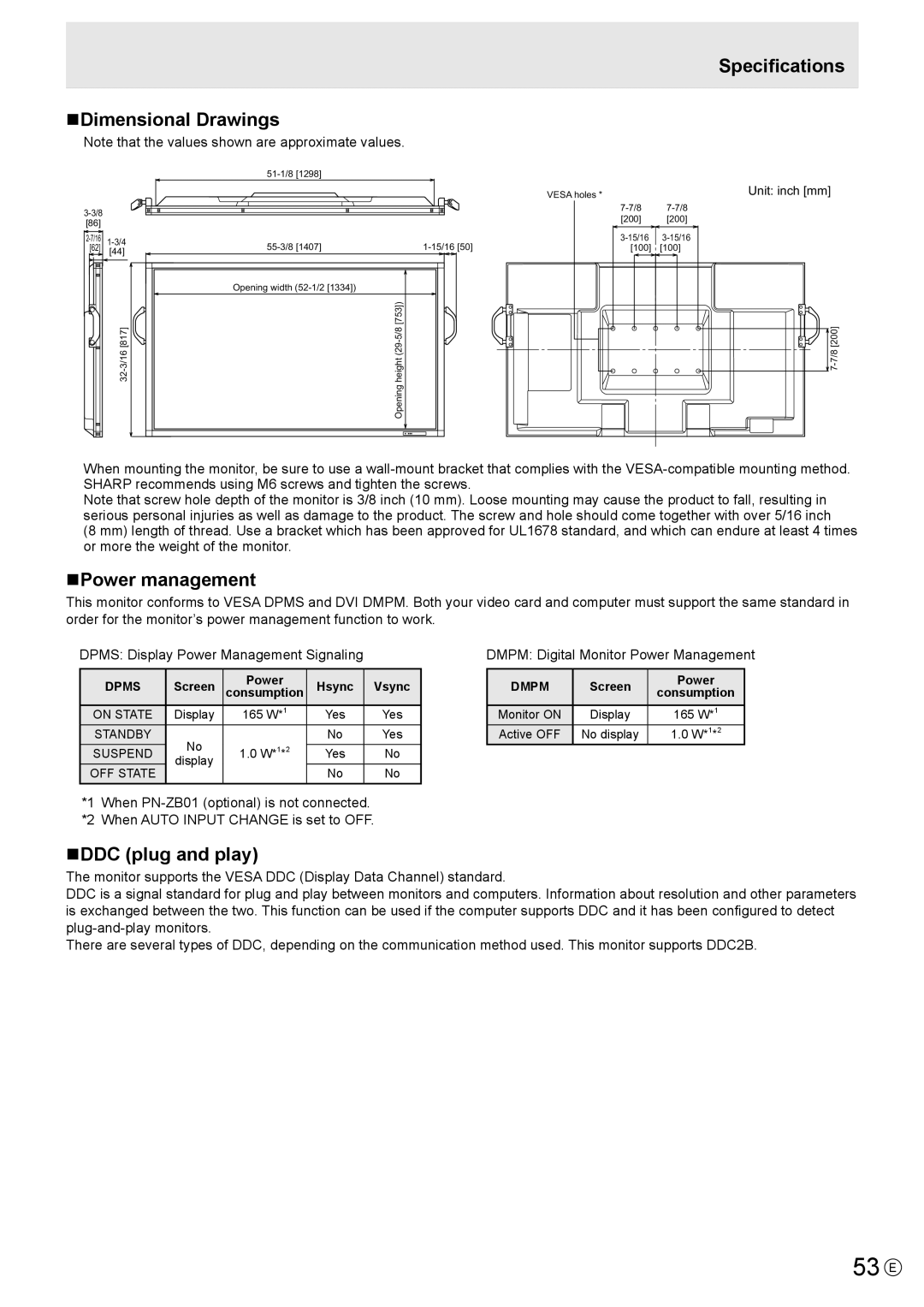 Sharp PN-E602 operation manual 53 E, NDimensional Drawings, Specifications, NPower management, NDDC plug and play 