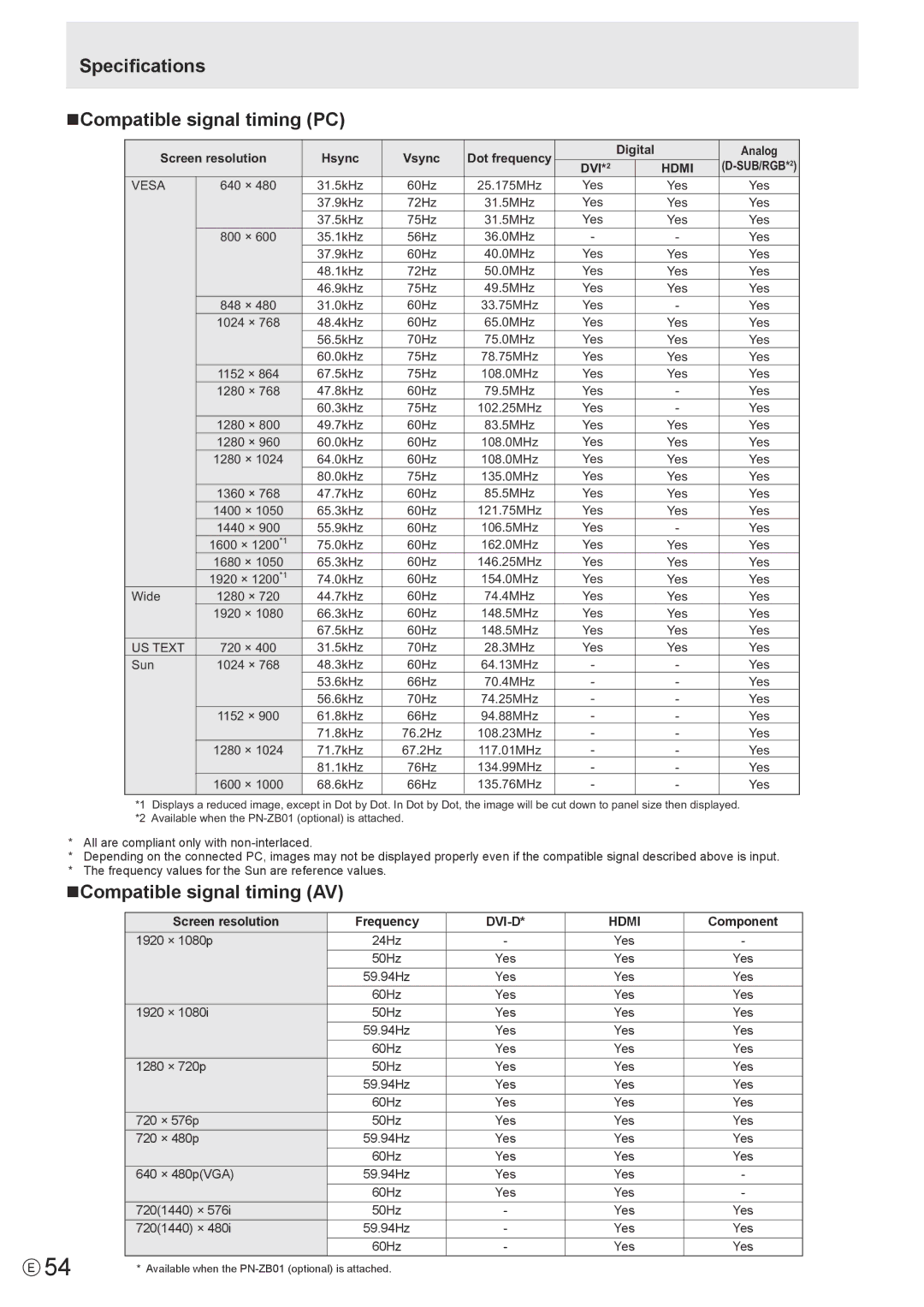 Sharp PN-E602 operation manual Specifications NCompatible signal timing PC, NCompatible signal timing AV 