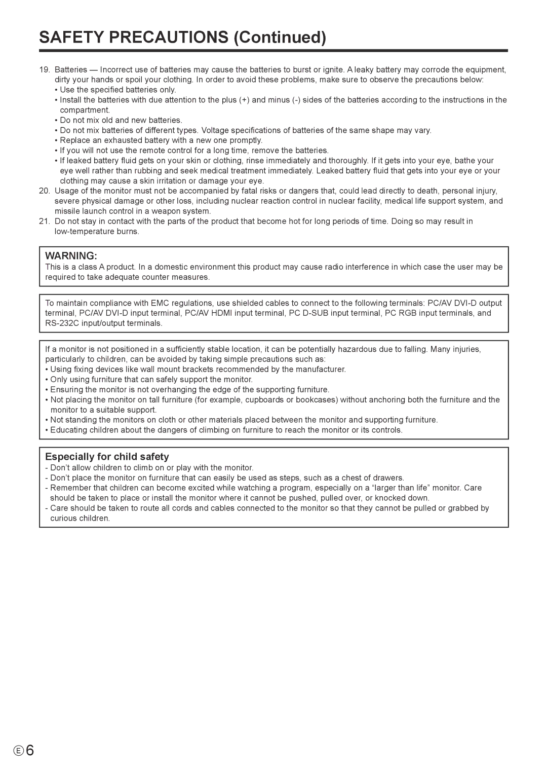 Sharp PN-E602 operation manual Safety Precautions 