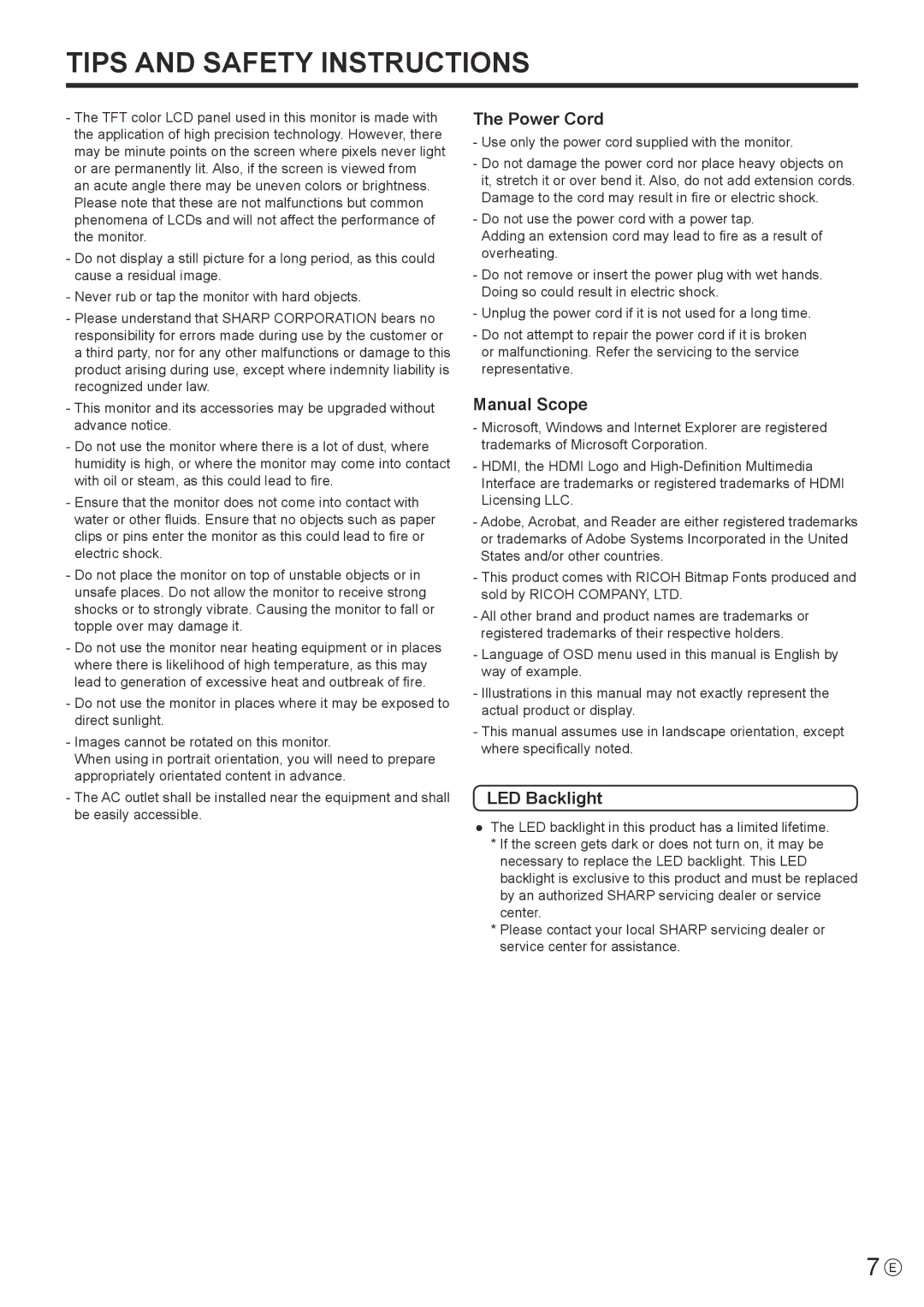 Sharp PN-E602 operation manual Tips and Safety Instructions 