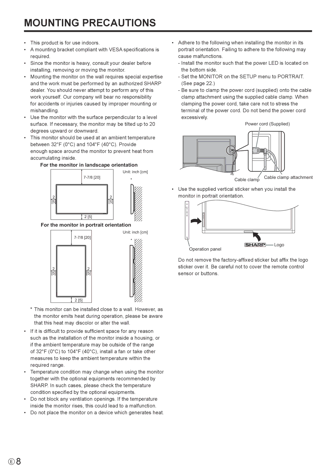 Sharp PN-E602 operation manual For the monitor in landscape orientation, For the monitor in portrait orientation 