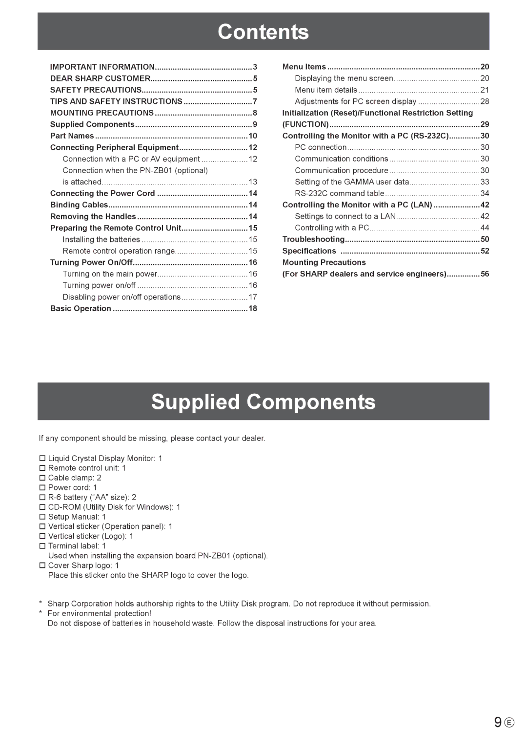 Sharp PN-E602 operation manual Contents, Supplied Components 