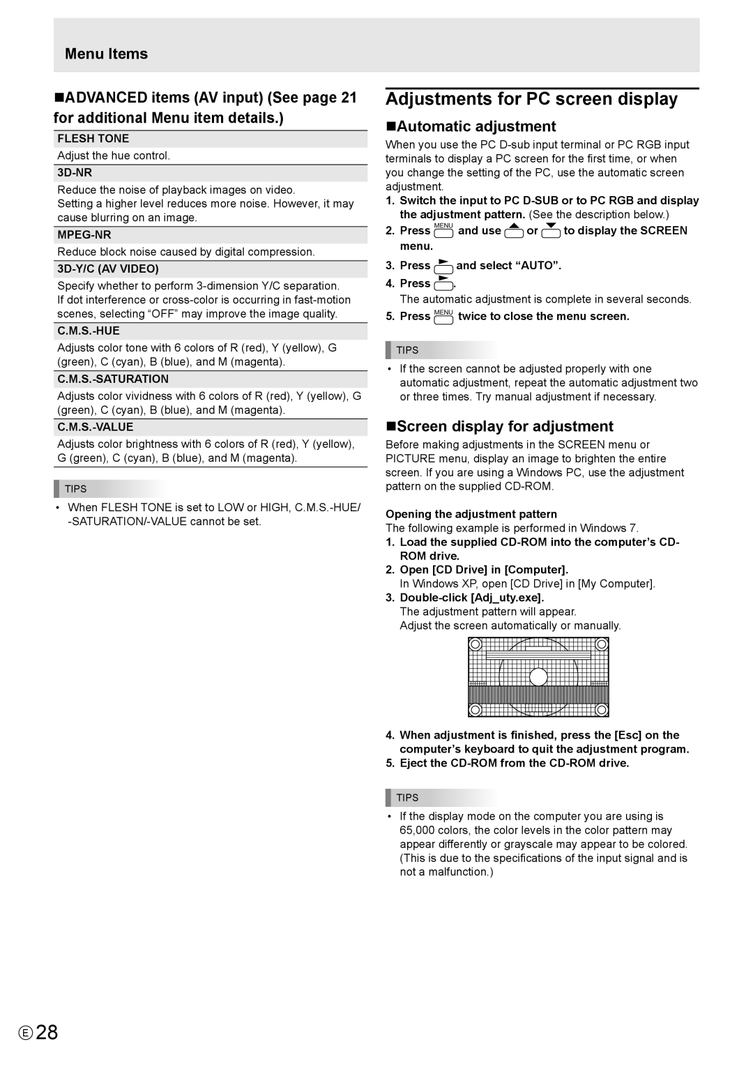 Sharp PN-E602 Adjustments for PC screen display, nADVANCED items AV input See page 21 for additional Menu item details 