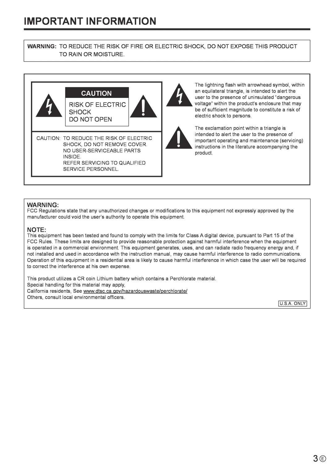 Sharp PN-E602 operation manual Important Information, Risk Of Electric Shock Do Not Open 