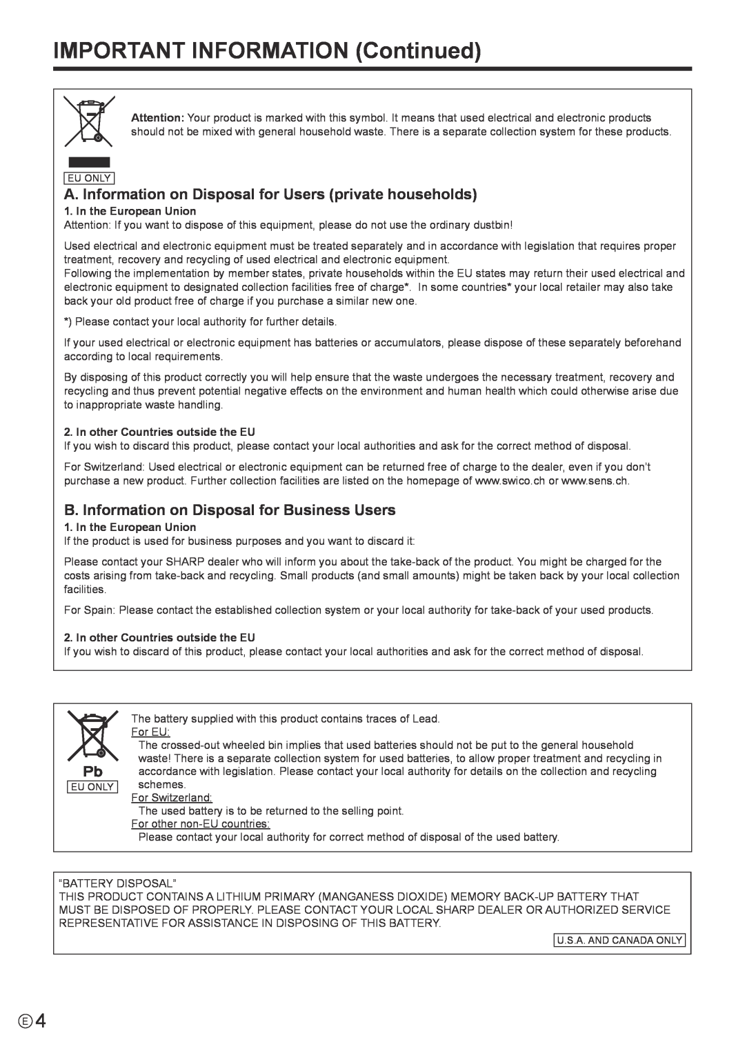 Sharp PN-E602 operation manual IMPORTANT INFORMATION Continued, A. Information on Disposal for Users private households 