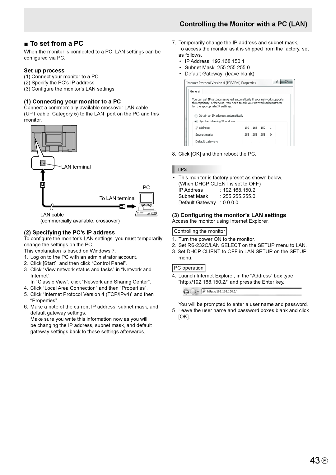 Sharp PN-E602 operation manual 43 E, To set from a PC, Controlling the Monitor with a PC LAN, Set up process 