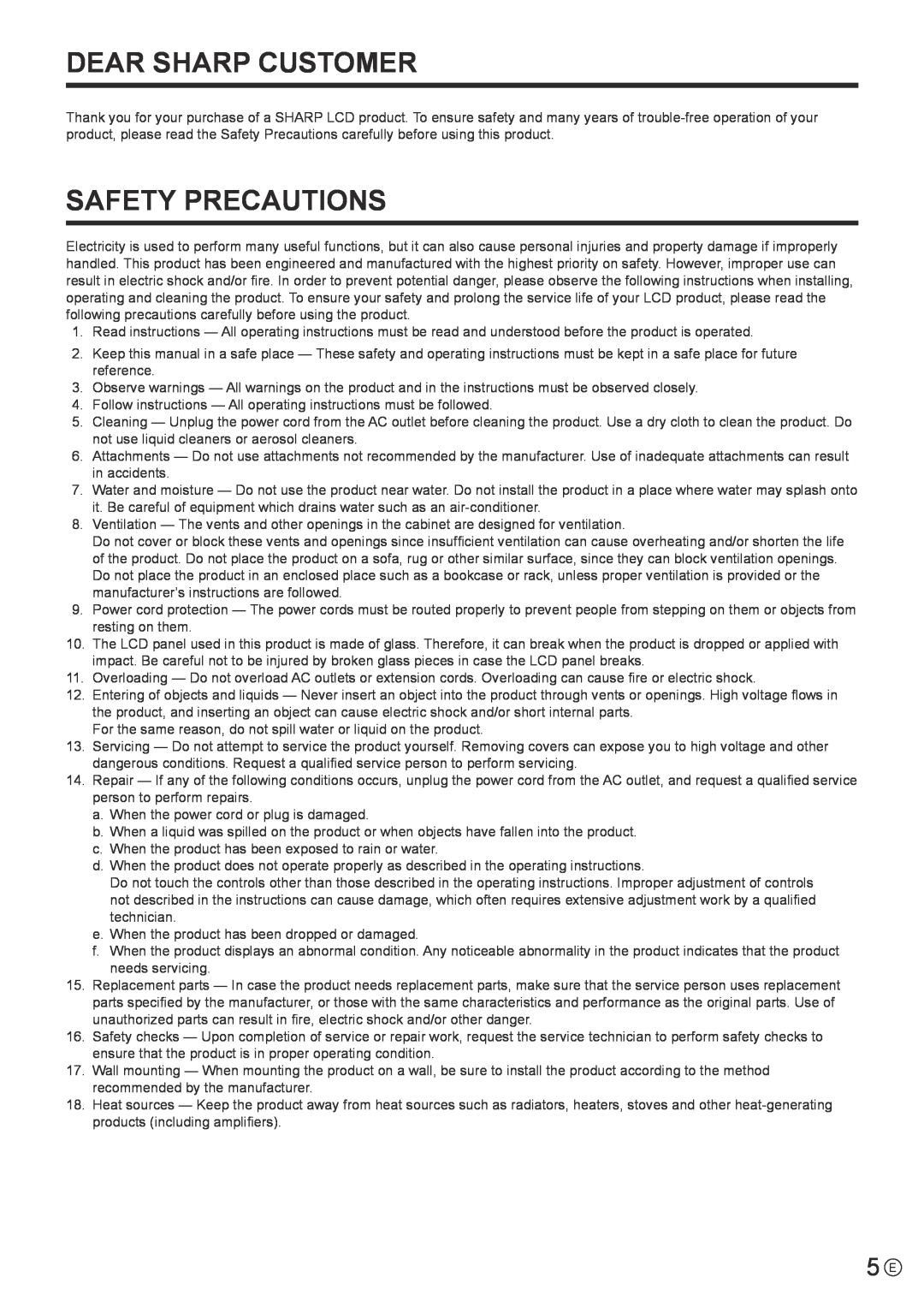 Sharp PN-E602 operation manual Dear Sharp Customer, Safety Precautions 