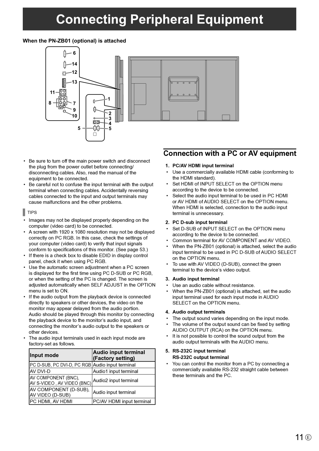 Sharp PNE802, PN-E802 operation manual Connecting Peripheral Equipment, 11 E, Connection with a PC or AV equipment 