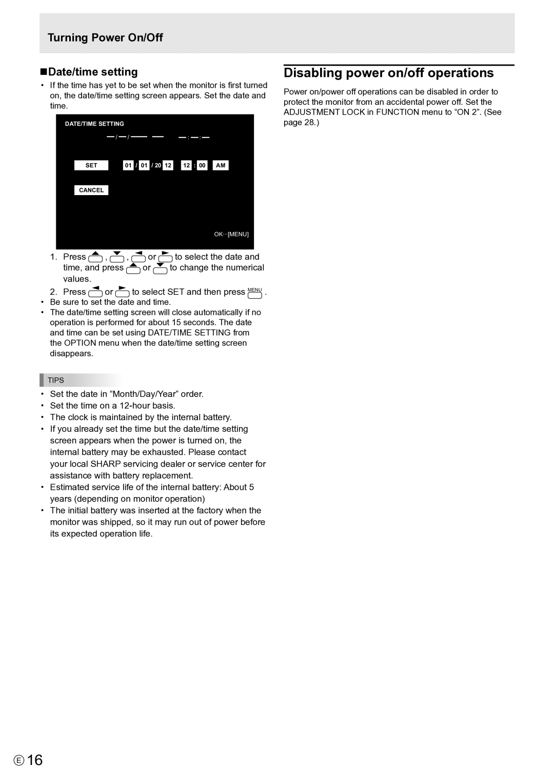 Sharp PN-E802, PNE802 operation manual Disabling power on/off operations, Turning Power On/Off NDate/time setting 