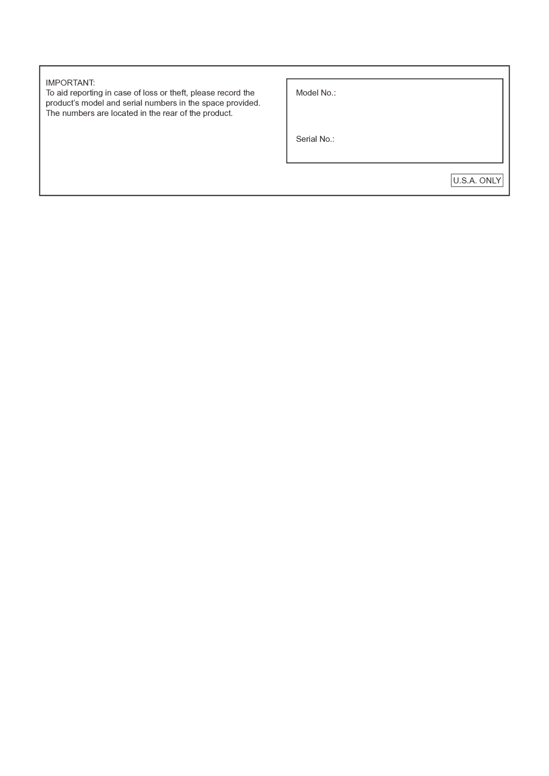 Sharp PN-E802, PNE802 operation manual Model No Serial No, A. only 