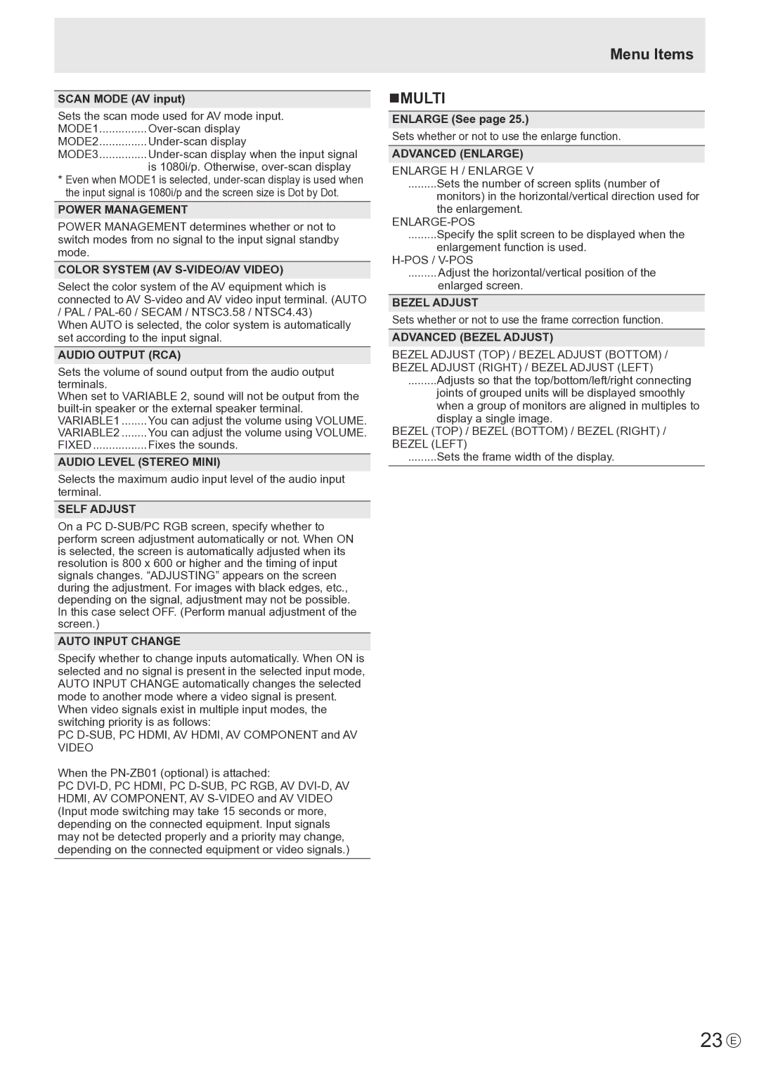 Sharp PNE802, PN-E802 operation manual 23 E, Menu Items NMULTI 