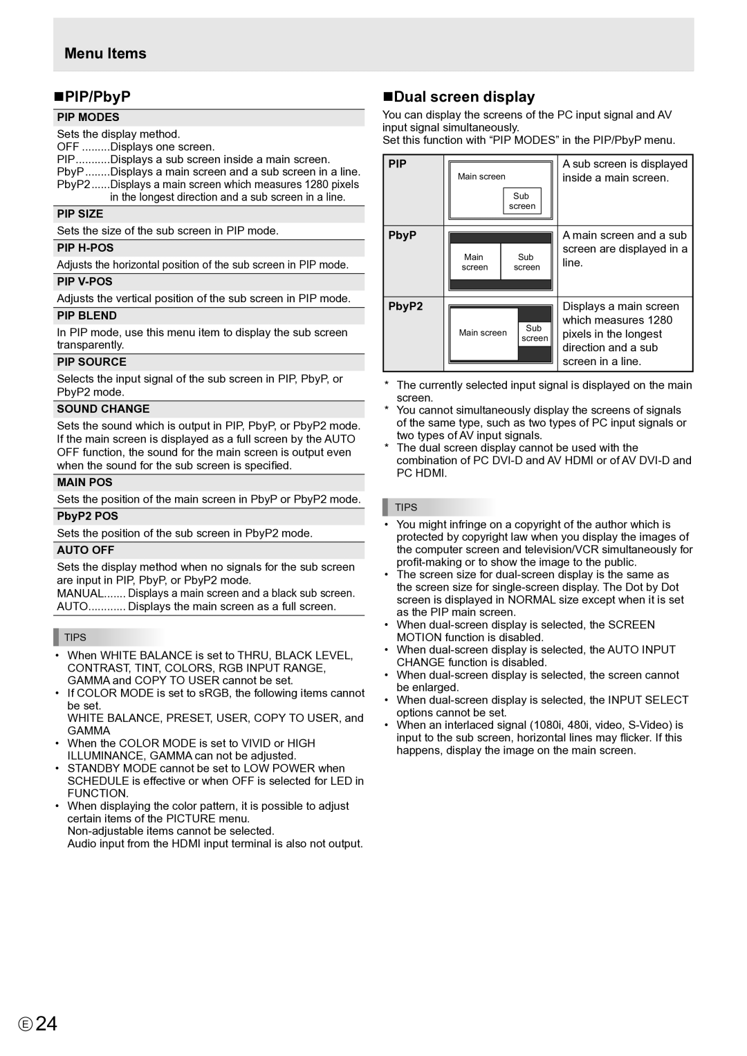 Sharp PN-E802, PNE802 operation manual Menu Items NPIP/PbyP, NDual screen display 