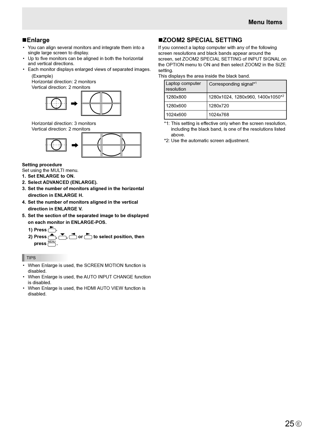 Sharp PNE802, PN-E802 operation manual 25 E, NEnlarge, Menu Items NZOOM2 Special Setting, Setting procedure 