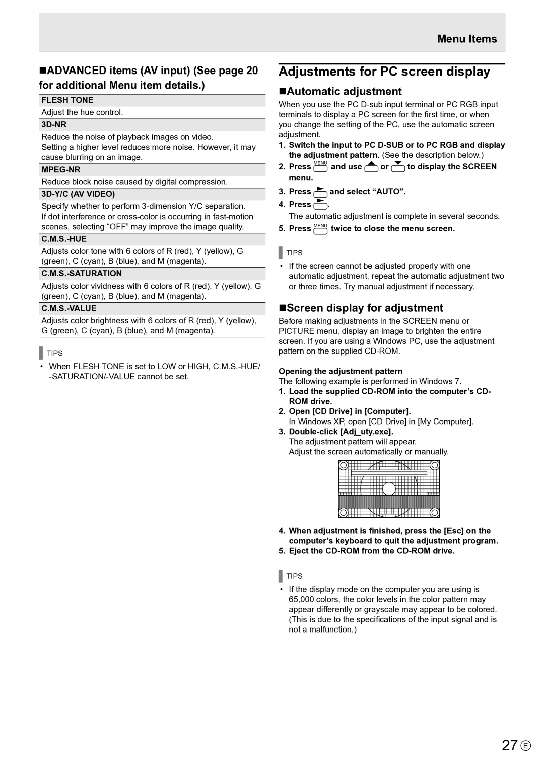 Sharp PNE802, PN-E802 27 E, Adjustments for PC screen display, NAutomatic adjustment, NScreen display for adjustment 