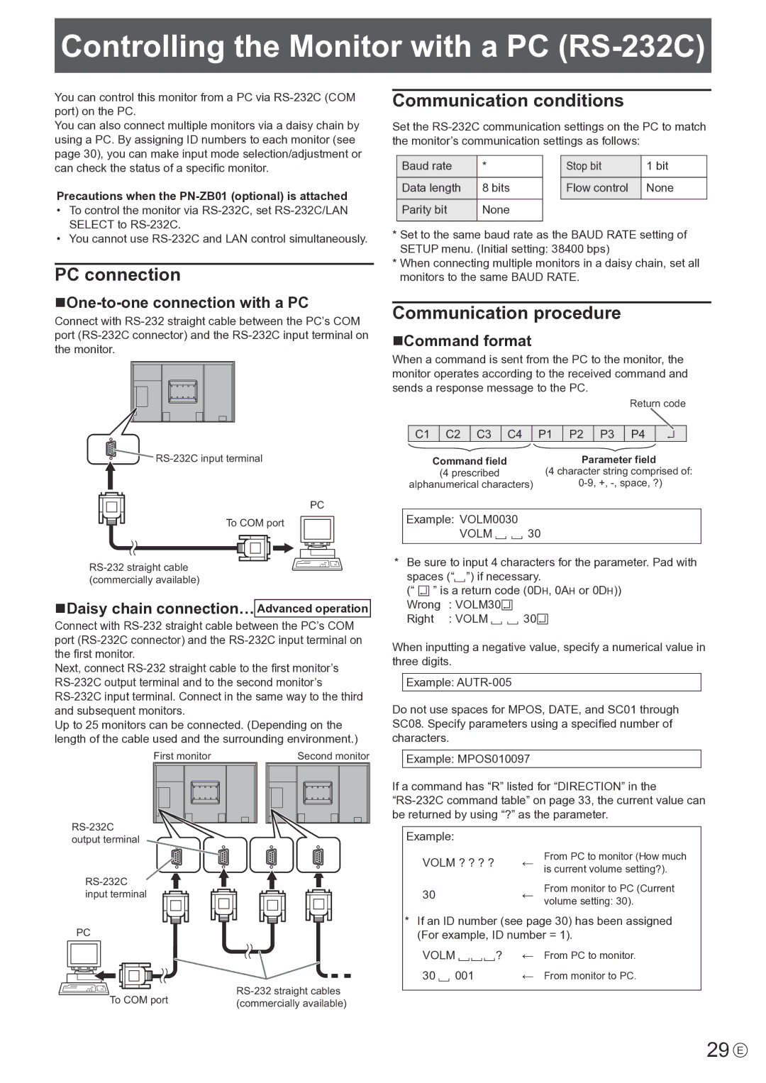 Sharp PNE802, PN-E802 Controlling the Monitor with a PC RS-232C, 29 E, PC connection, Communication conditions 