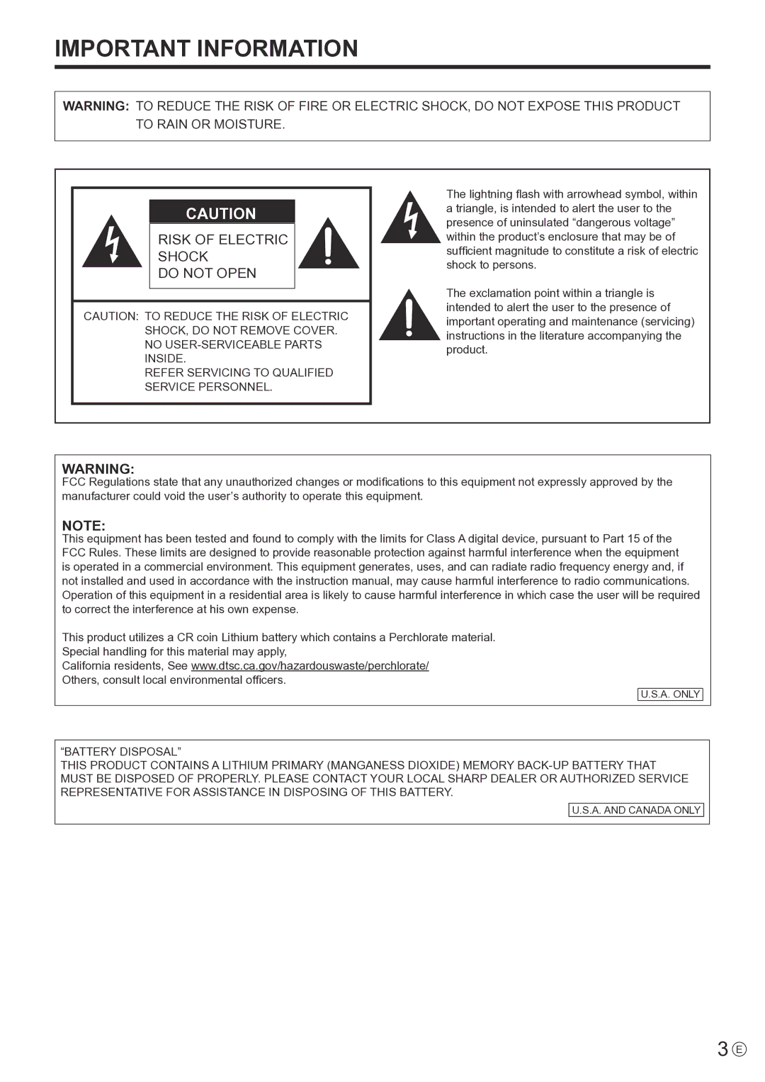 Sharp PNE802, PN-E802 operation manual Important Information, Refer Servicing to Qualified Service Personnel 