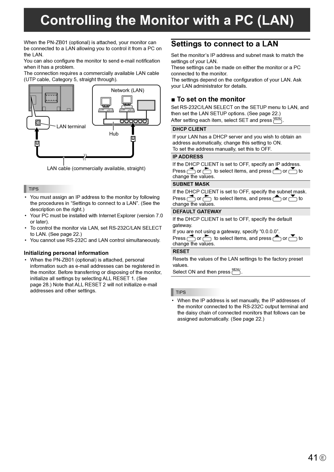 Sharp PNE802, PN-E802 Controlling the Monitor with a PC LAN, 41 E, Settings to connect to a LAN, To set on the monitor 