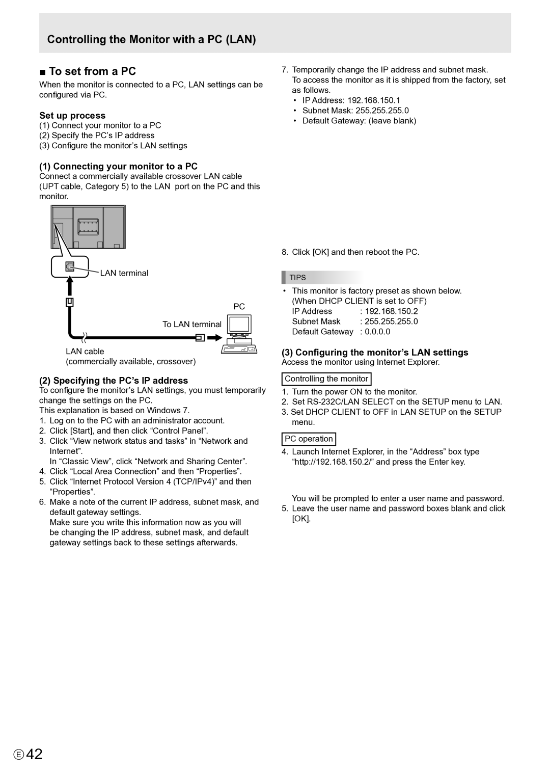 Sharp PN-E802, PNE802 operation manual Controlling the Monitor with a PC LAN To set from a PC, Default Gateway 0.0 