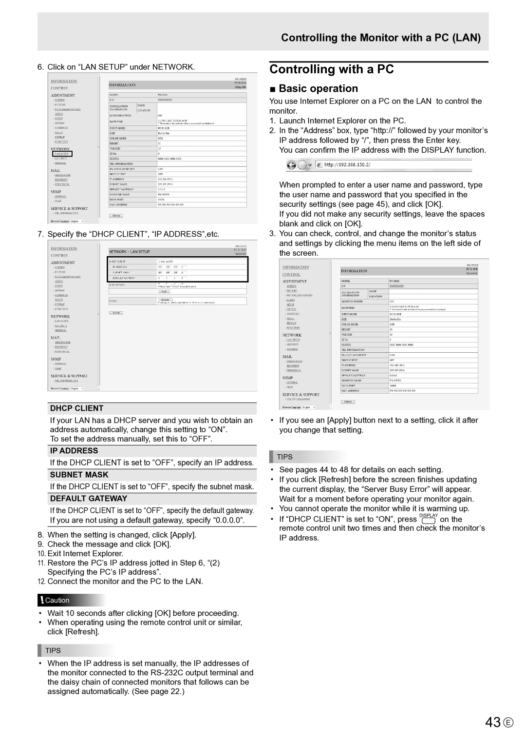 Sharp PNE802, PN-E802 operation manual 43 E, Controlling with a PC, Controlling the Monitor with a PC LAN, Basic operation 