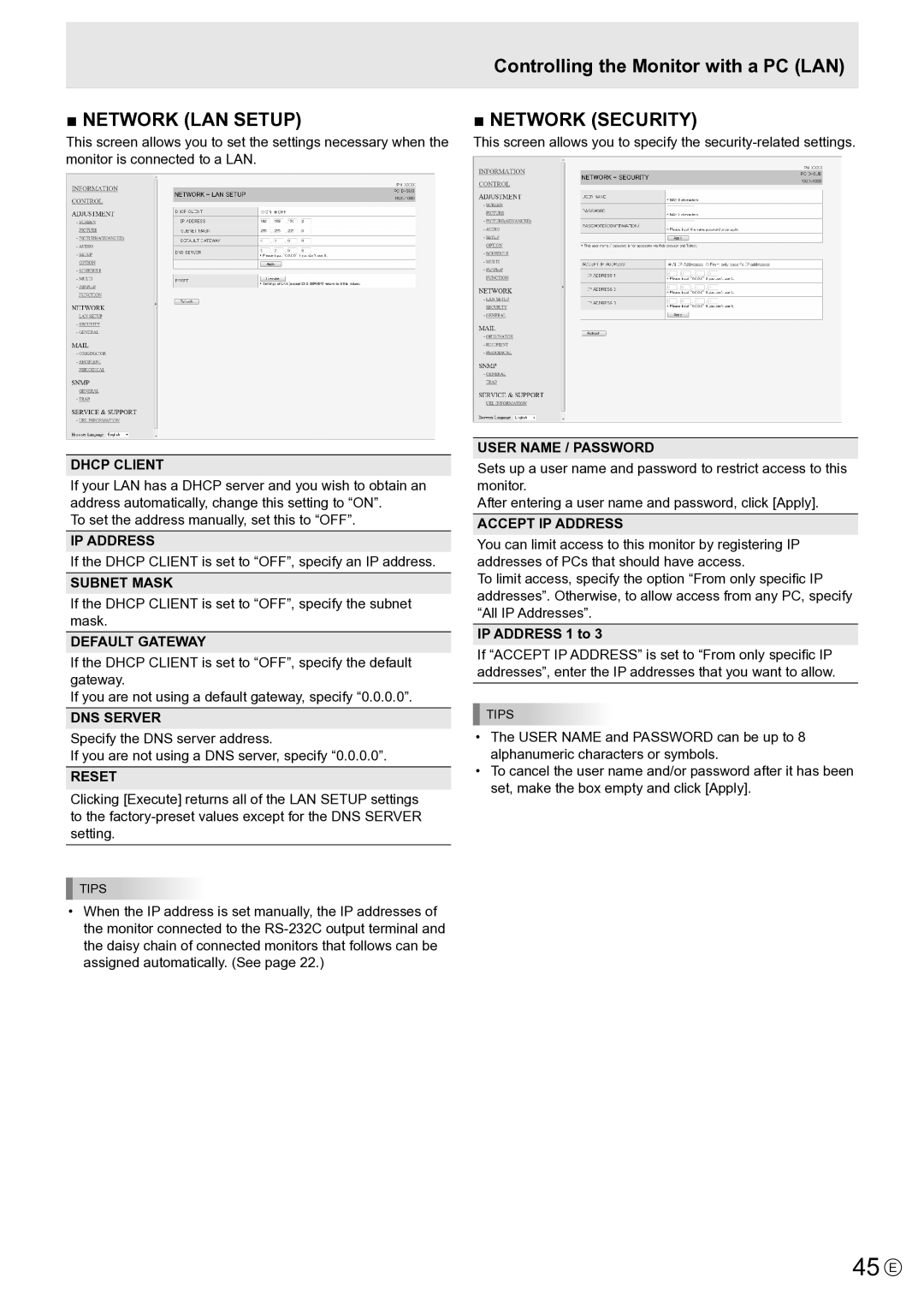 Sharp PNE802, PN-E802 operation manual 45 E, DNS Server, User Name / Password, Accept IP Address, IP Address 1 to 