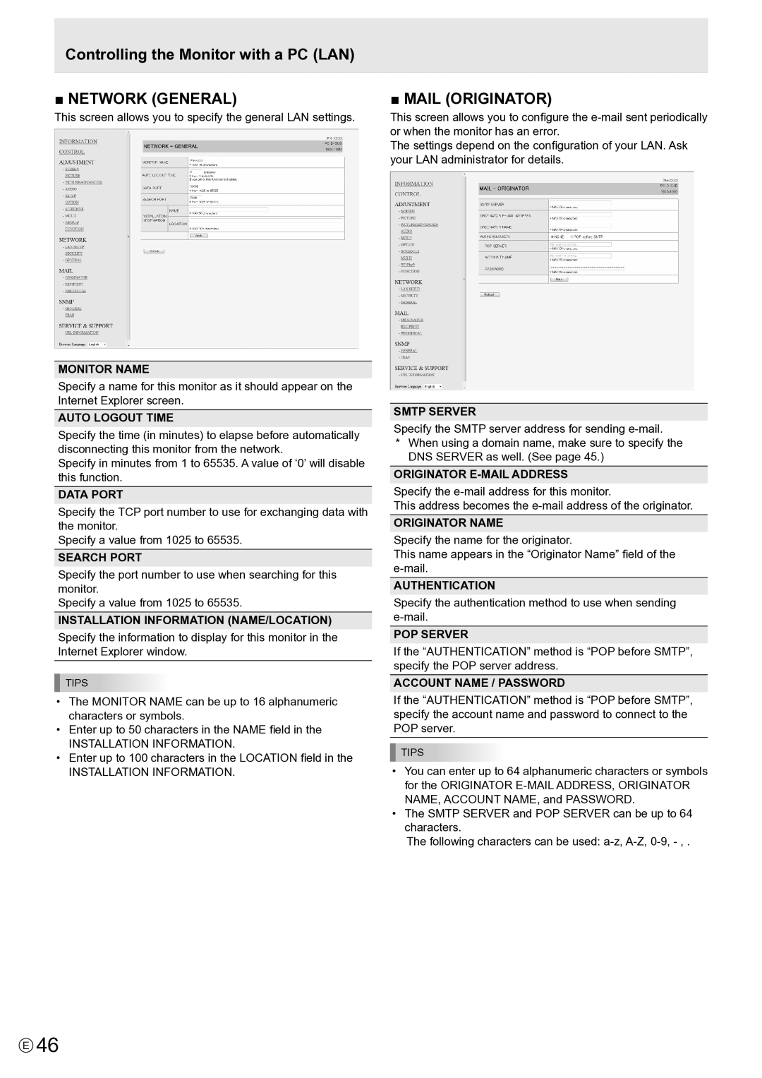 Sharp PN-E802 Monitor Name, Auto Logout Time, Data Port, Search Port, Installation Information NAME/LOCATION, Smtp Server 