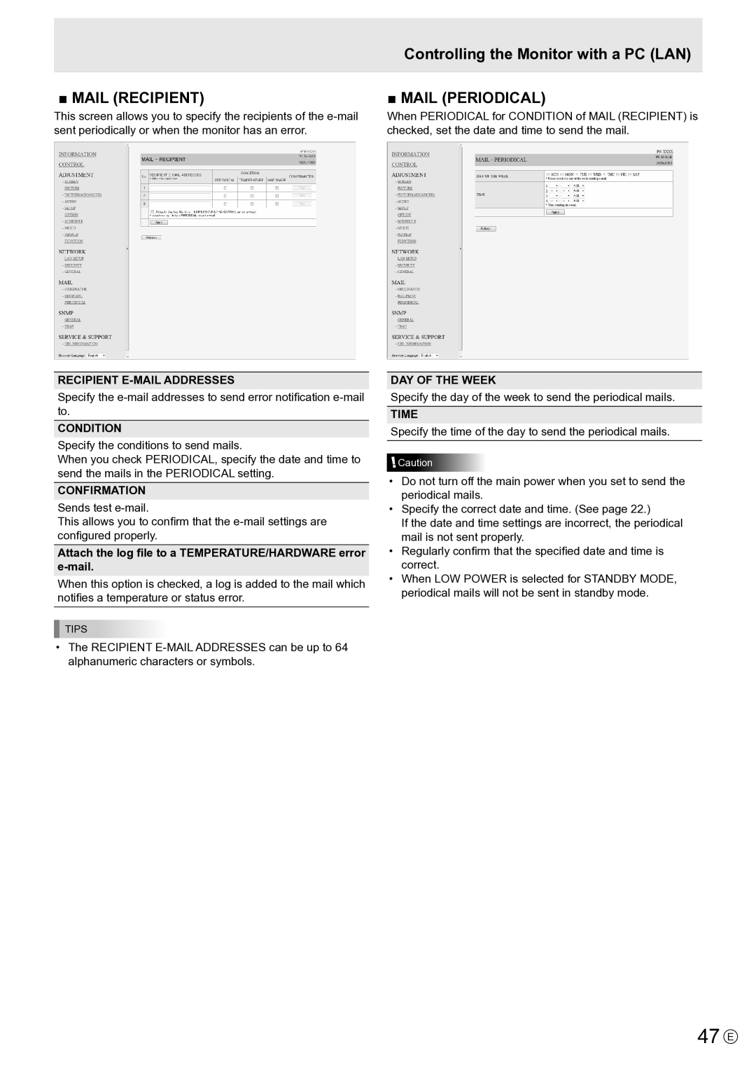 Sharp PNE802, PN-E802 operation manual 47 E, Recipient E-MAIL Addresses, Condition, Confirmation, Time 